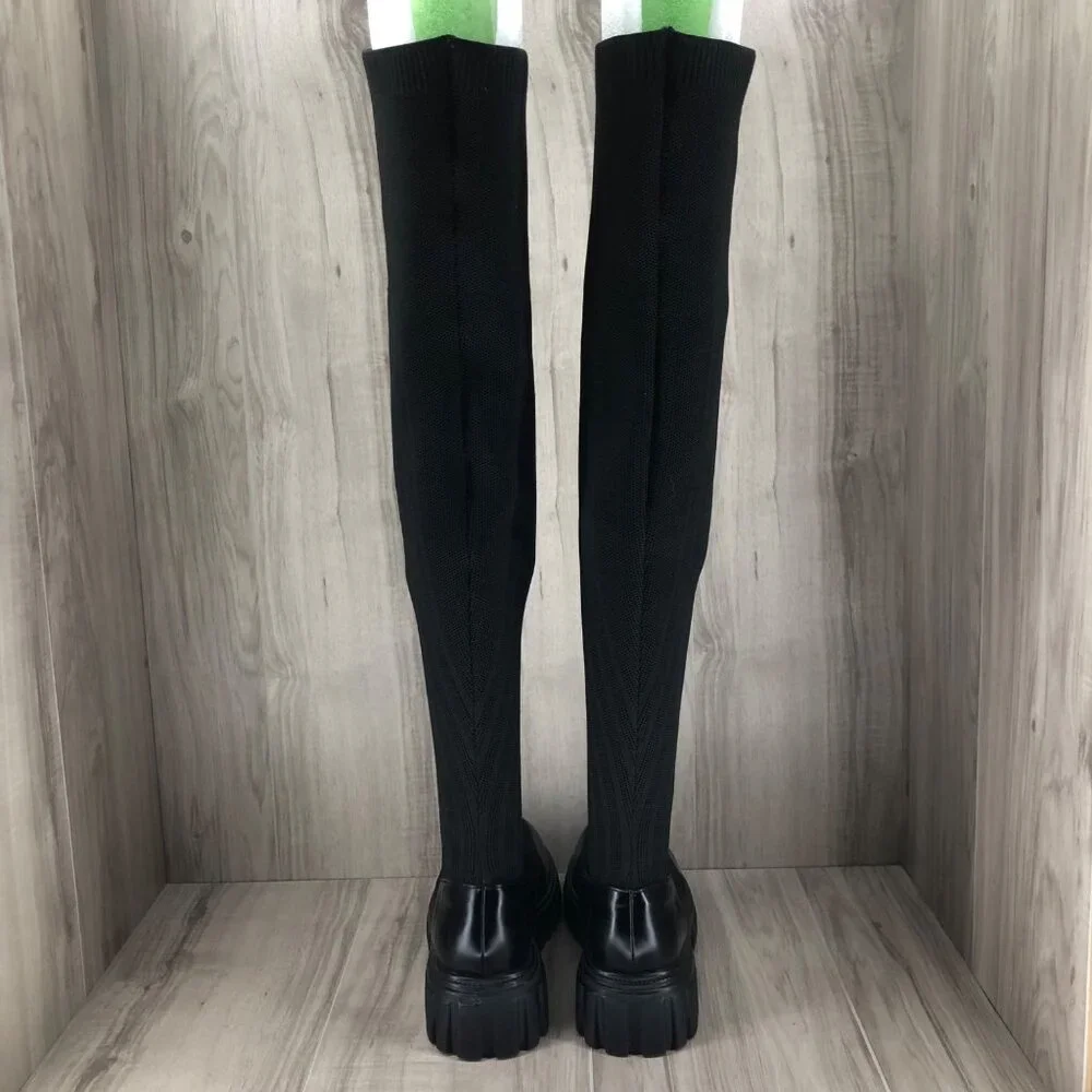 Cuccoo OTK Boots Women's EU 40 Black Sock Chunky Pull On Over The Knee Platform